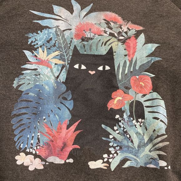 Delta Fleece Sweatshirt Top Black Cat Hawaii Popoki Floral Long Sleeve XL - Picture 5 of 16